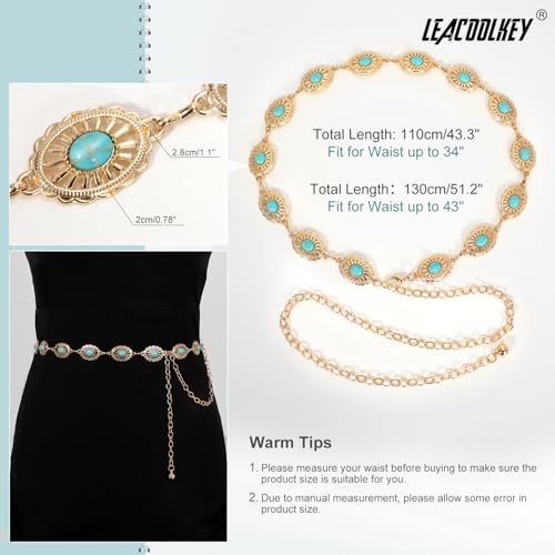 Image of LEACOOLKEY Women Turquoise Concho Chain Waist Belt Silver Western Cowgirl Metal Chain Belt for Dress Adjustable