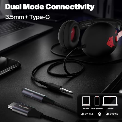 Image of EvoFox Hyperion Gaming Headphones with Mic - Black, 50mm Drivers, Immersive Surround Sound, Retractable Mic, Wired (3.5mm + Type-C), Inline Controls, Durable Build with Over Ear Swappable Ear Pads