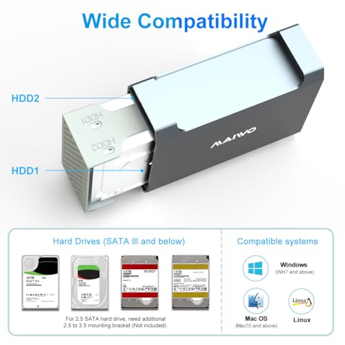 Image of MAIWO Dual Bay RAID Enclosure for SATA 3.5 inch HDD with Cooling Fan, Type-C USB 3.1 SATA Enclosure with 4 Raid Modes (1 /0 /JBOD /NORMAL), 48TB Capacity Expansion