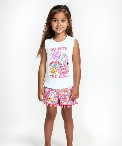 Image of Unique Baby Girls Toddler Big Kid Sleeveless Tank with Pom Pom 2pc Shorts Set Outfit