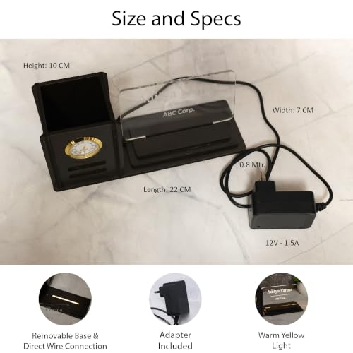 Image of Deskart Customized LED Name Plate Pen Stand with Clock for Office Desk | Wooden MDF Desk Organizer with Warm LED Acrylic Name Plate with Adapter