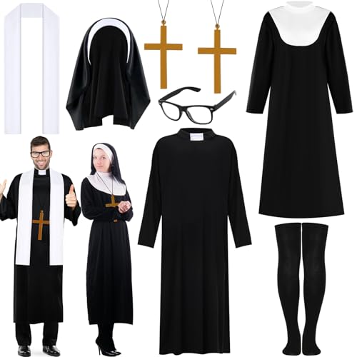 Matiniy Men's Priest Costume and Nun Outfit for Adult Include White Stole Black Robe Socks Glasses for Halloween Cosplay Supplies (M)