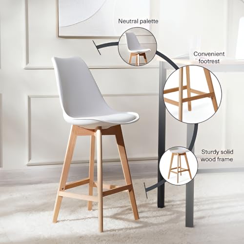 تايمي مقاعد بار مع وسادة على الطراز الاسكندنافي مع مسند ظهر ومسند للقدمين، كراسي بار للمنزل والمكتب والاستوديو والمتجر والمنتجعات الصحية، مقعد مطبخ بارجل من خشب الزان الصلب - ابيض - عبوة من قطعتين