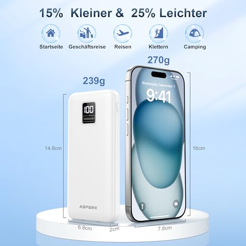 AsperX 2 Stück Powerbank 10000mAh mit USB-C Kabel Schnellladen – Ansicht 6