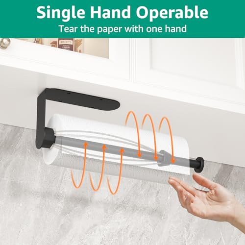 Image of Mbillion Matte Black Ratchet Mechanism Paper Towel Holder | Wall mounte and self-adhesive under cabinet paper towel rack, one-handed tear stainless steel for kitchen