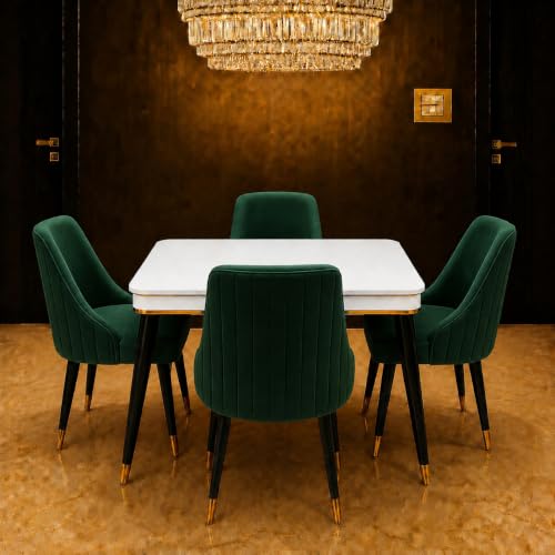 Image of WOODEN SPACE 4 Seater Wooden Dining Table Set | Urban Marble Top Dining Table with Chairs for Dining Room & Kitchen (Modern Infinity Backline Dark Green) (42 x 42 x 30 inch)