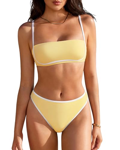 SUUKSESS Women Bandeau High Waisted Bikini Set Cheeky High Cut Two Piece Swimsuits Square Neck Color Block Bathing Suit (Light Yellow M)