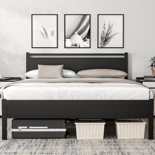Image of 18 Inch Queen Bed Frame, Heavy Duty Platform Metal Queen Size Bed Frame with Headboard and Modern Wooden Footboard, Large Under Bed Storage, Quite Design, No Box Spring Needed, Black