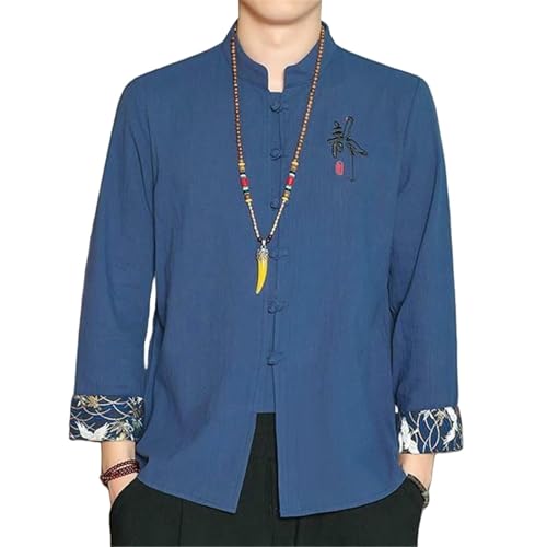 Chemise homme coupe ample lin coton col officier brodé manche longue