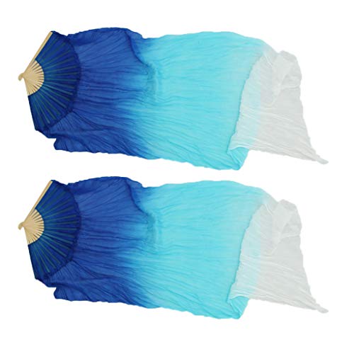 Paire de voile de danse ventrale soie éventail bambou bleu marine blanc 1m80