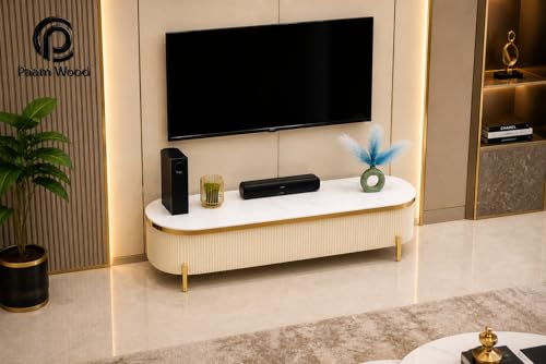 Image of Mazzo Modern TV Unit /Console - 70 inchx12 inchx18 inch White Marble Top with Golden Acrylic, Waterproof Plywood & Charcoal Louvers - Media Cabinet | Modern TV Stand Console Without Storage (Ivory)
