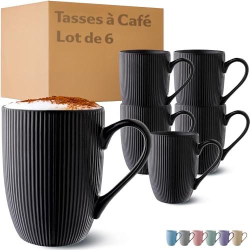 Cosumy Lot de 6 Mugs à Café Grande – Céramique Noire Mate – Style Moderne – Passe au Micro-ondes & Lave-vaisselle
