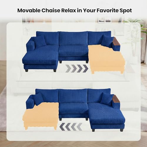 Image of 114 inch Cloud Sectional Couch with L-Shape Reversible Chaise, Modern Corduroy L Shaped Couch with 2 Pillows & Storage Armrests, 4 Seater Sectional Couches for Living Room, Plush Corduroy, Blue