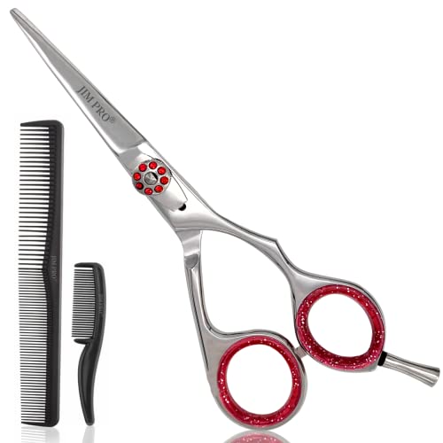 JIM PRO Hair Cutting Scissors Shears, Professional Hairdressing Scissors With Adjustable Screw (Hair Beard Trimming Shaping Grooming Shears) for Men Women Pets Home Salon (RED/SILVER) 6