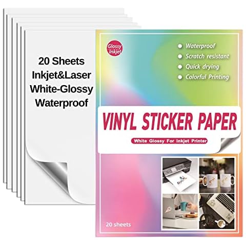 2021 Newest Waterproof Printable Vinyl Stickers Paper for Inkjet Printer- 20 Glossy Sticker Paper White Decal Cricut Sheets A4 - Holds Ink Beautifully & Dries Quickly Cover