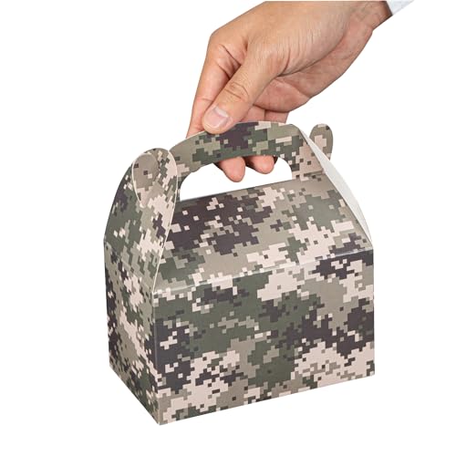Restaurantware RWA1219BRG-25 Bio Tek 6 X 3.5 X 3.5 Inch Gable Boxes For Party Favors, 25 Attractive Gift Boxes - Camouflage Print, With Built-In Handle, Paper Barn Boxes thumb #3