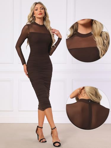 Image of Allegra K Mesh Dress for Women Long Sleeve Mock Neck Ruched Bodycon Dresses | Ruched, Lightweight Stretchy Mesh Sheer, Evening, Cocktail, Party Club