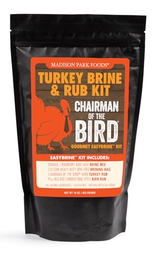Chairman of the Bird Gourmet Turkey Brine and Rub Kit – Premium Brine Mix, Custom BPA-Free XL Brine Bag and 2 Turkey Rub Seasonings – All Natural Gluten-Free Non-GMO No MSG, 16 Ounces