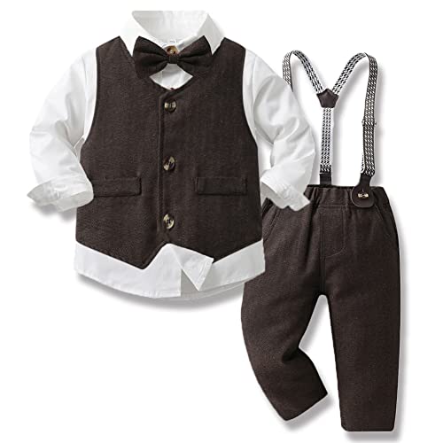 Amur Leopard Baby Jungen Taufanzug Anzug Kinder Bekleidungsset 3tlg Langarm Hemd mit Fliege Weste und Hosenträge Hose, Kaffee, 92-98 (Etikettgröße: 100)