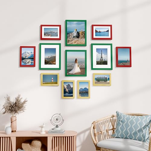 Image of Vittanly 12 Pack Picture Frames Collage Wall Decor for Mounting or Tabletop Display, Gallery Wall Frame Set for Family, Multi Sizes Including 4pcs 8x10, 4pcs 5x7, 4pcs 4x6, Green & Red & Gold