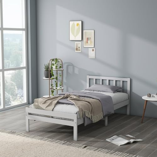 Panana Single Bed Frame In White 3FT Solid Pine Wooden Bed, Sturdy and Stable Single Bed for Kids, Teenager, Adult, Grey, Low Footboard