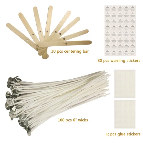100 Piece Cotton Candle Wicks 6" Pre-Waxed For Candle Making,Candle Diy Bulk Candle Wicks For Soy Beeswax Candle Making (6Inch) With Centering Device And Warning Stickers #TOP2