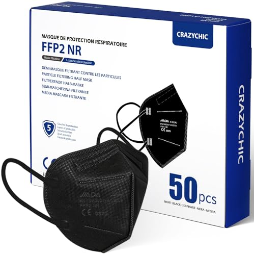 CRAZYCHIC - 50x FFP2 Maske Schwarz Atemschutzmaske - Staubschutzmaske - Mundschutzmaske 5 Lagen - EN149:2001+A1:2009 Schutzmaske Hohe Filtration Maske - Hygienisch Einzelverpackt