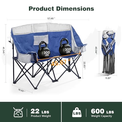 Image of SunnyFeel Double Camping Loveseat Chair, Blue-Cooler, Foldable, Portable, Space Saving, Side Pocket, Cup Holders