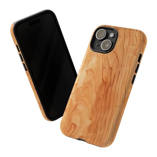 Coque iPhone 15 rigide brillante texture grain de bois de cerisier marron - 2