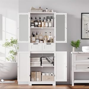 HORSTORS 67" Tall Bathroom Storage Cabinet, Freestanding Storage Cabinet with Glass Door and Shelves, Kitchen Pantry Linen Cabinet with 2 Drawers for Bathroom, Living Room, Dining Room, Office, White HORSTORS 67 Tall Bathroom Storage Cabinet Freestanding Storage Cabinet with Glass Door and Shelves Kitchen Pantry Linen Cabinet with 2 Drawers for Bathroom Living Room Dining Room Office White
