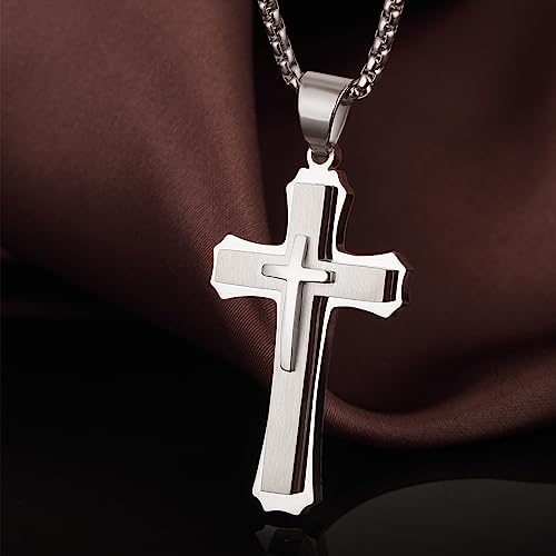 Men's Cross Necklace 316L Stainless Steel Large Heavy Cross Pendant for Men Polished Jewelry Rolo Chain with 22'' 24'' 26''4