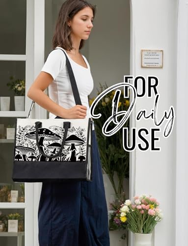Bolso tote de lona InnoBeta con diseño de hongos para mujer, con cierre de cremallera superior y correa para el hombro, ideal para cumpleaños, Día de la Madre y Navidad - Negro miniatura 3