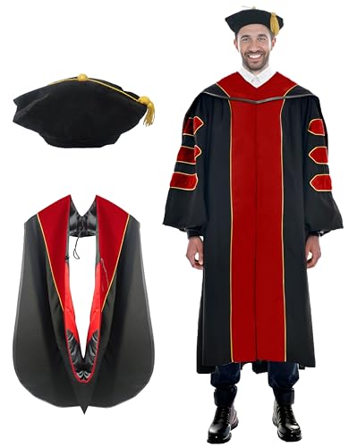 Image of Deluxe Graduation Doctoral Gown Doctoral Hood and Tam 8 Sided Package with Gold Piping Doctoral Regalia