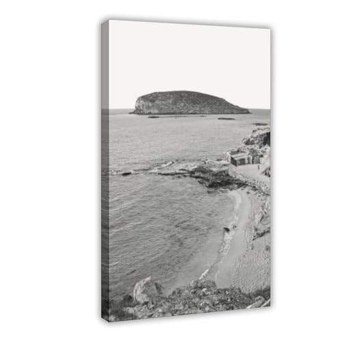 Poster toile carte Ibiza noir et blanc - Solution murale anti-reflet salon chambre