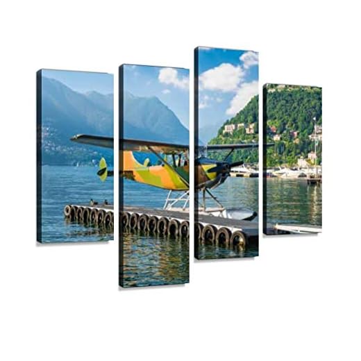HIPOLOTUS 4 Panel Canvas Pictures Seaplane of Camouflage Color Como Harbor Como Lake Italy Mountain Wall Art Prints Paintings Stretched & Framed Poster Home Living Room Decoration Ready to Hang