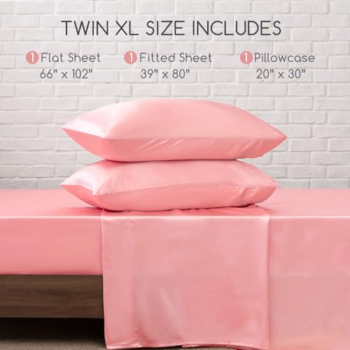Image of MR&HM Satin Bed Sheets, Twin XL Size Sheets Set, 3 Pcs Silky Bedding Set with 15 Inches Deep Pocket for Mattress (Twin XL, Blush)