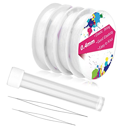 4 Rolls Elastic Stretch Thread for Bracelets, Transparent Beading String with 2 Sizes Big Eye Bead Needles and Needle Bottle, Clear Stretch Cord Thread for Jewelry Bracelet Necklace Making Wire(0.4mm)