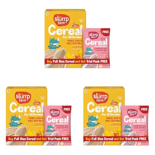 Image of Slurrp Farm No Added Sugar Instant Cereal | Ragi, Rice and Mango with Milk | Free Strawberry Cereal Trial Pack | 200g + Free 50g (Pack of 3)