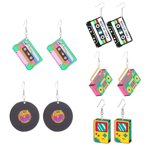 BLPRKOT 5 peças brincos vintage rádio cassete fita, brincos retro 80s 90s, brincos acrílicos divertidos, jóias para mulheres e meninas, presentes nostálgicos, presentes para festa, estilo néon anos 80