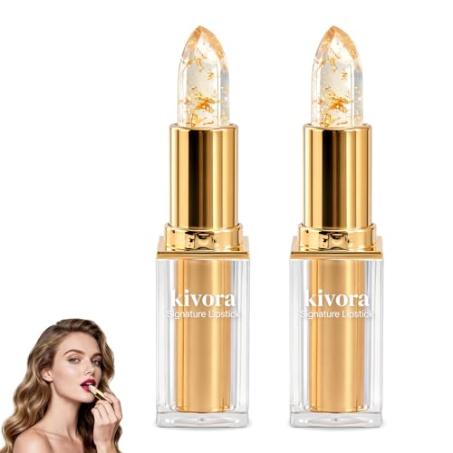 kivora Signature Lipstick 2026 True Tone ph Adjusting Lipstick Clear to Pink with Gold Foil Long Lasting 24 Hours Moisturizing for Women (2 pc)