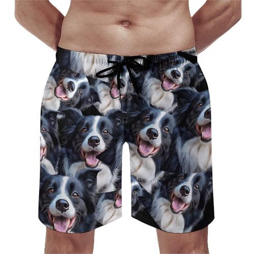 Border Collie Happy Dog Trendy Swim Trunks for Men Drawstring Elastic Quick Dry Board Shorts Beach Vacation