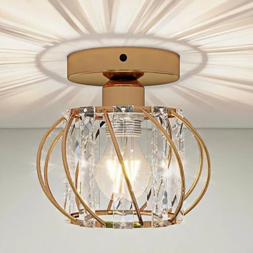 Emitto Crystal Semi Flush Ceiling Light, 17cm Small Chandelier Lighting Fixture, K9 Glass E27 Ceiling Lights Living Room Kitchen Hallway Dining Rooms Gold