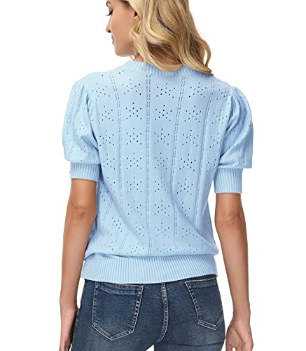Puff Short Sleeve Sweaters Tops Crew Neck Lightweight Knit Blouse Light Blue Xl #TOP4