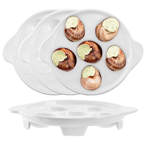 Frcctre 4 Pack Ceramic Escargot Plates with 6 Holes and Handles, 7 Inch White Mushroom Seafood Footed Plates BBQ Snail Baking Dish for Home Kitchen Restaurant