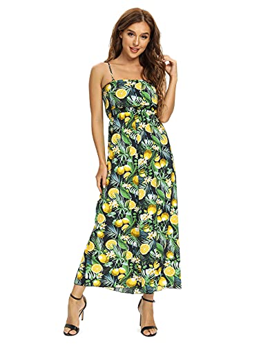 Women's Summer Hawaiian Floral Long Maxi Dress With Strap Casual Bohemian Beach Party Lemon Black Tag M #TOP1