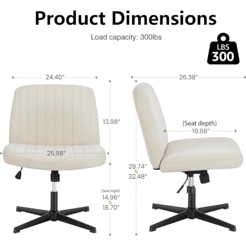 Image of DUMOS Criss Cross Chair No Wheel Legged Office Wide Comfy Desk Vanity Chair, Armless Computer Task Seating Comfy Fabric, Swivel Home Height Adjustable for Bedroom, Study, Beige Dual Base