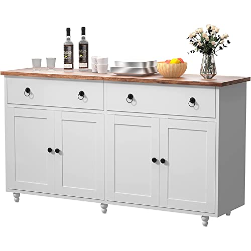 Sideboard Buffet Cabinet Storage Cabinet 55” Kitchen Buffet Cabinet, Coffee Bar Cabinet With 2 Drawers & 4 Doors Adjustable Shelves, White Buffet Cabinet For Dinning Room Living Room, White #TOP3