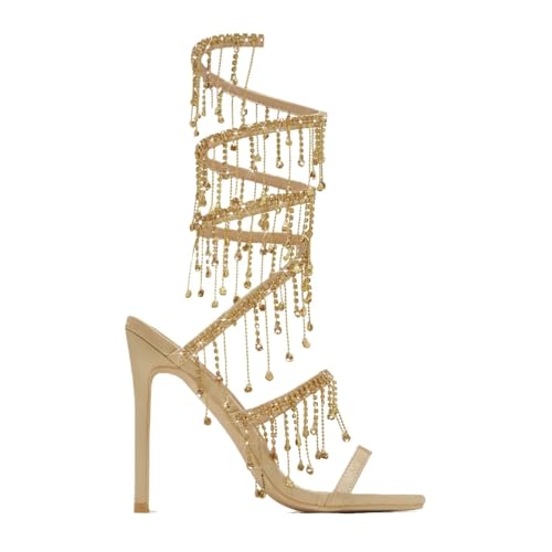 Women's Spiral Ankle Strap Rhinestone Embellished Stiletto High Heels Round Top Open Toe Party Evening Prom Sandals