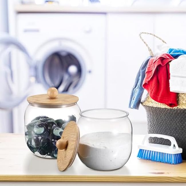 2-Pack Clear Plastic Laundry Pod Containers with Bamboo Lids & Seal Rings ¨C Airtight Detergent Storage Organizer for Laundry Room/Kitchen/Bathroom, Cylindrical Dishwasher Pods Container