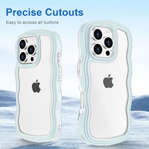 Image of GoldKart iPhone 16 Pro Max Case Wavy Edge Clear Back Design, Anti-Slip Grip Cute Wave Curly Frame Shape Shockproof Soft TPU & Hard PC Bumper Protective Phone Case Cover for Women Girls - Light Blue